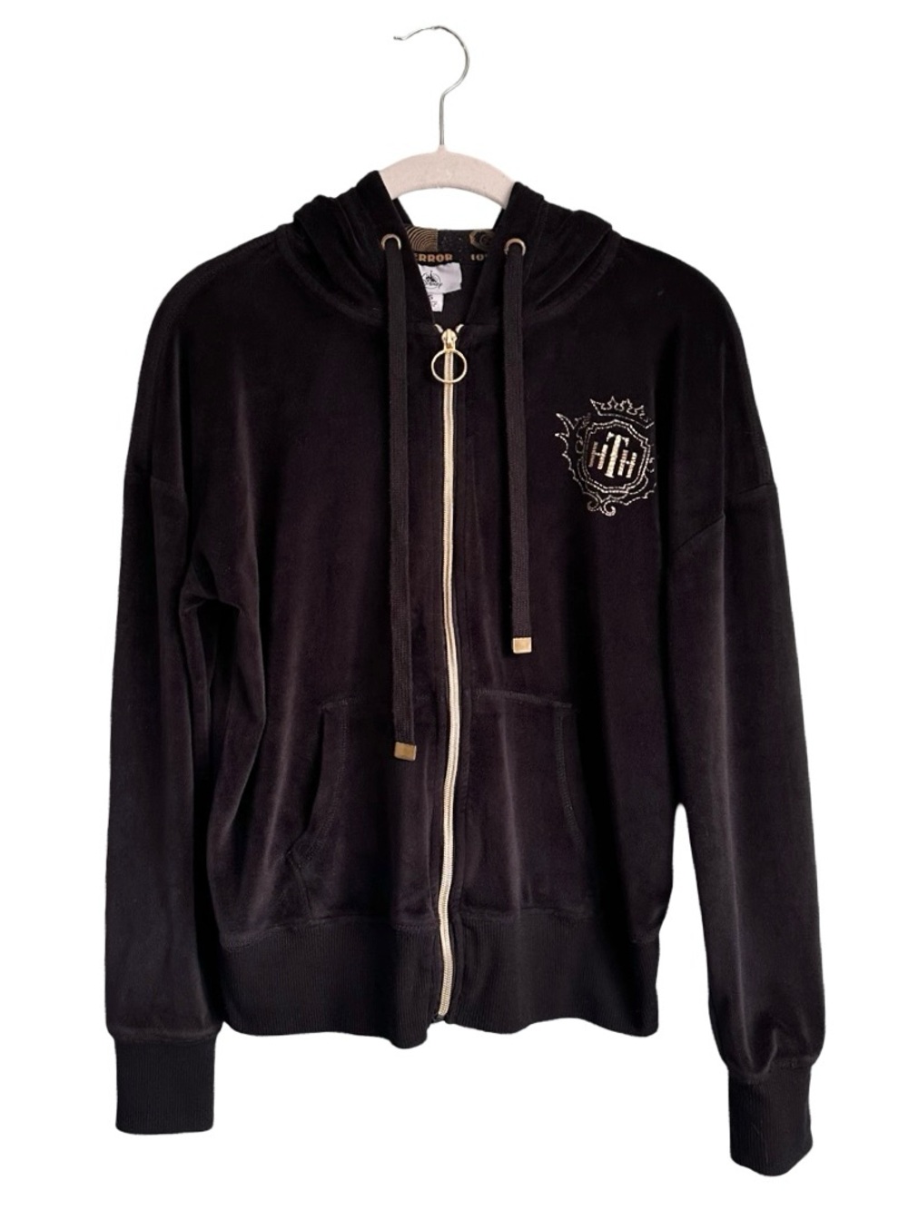 Disney Parks Hollywood Tower of Terror Black Gold Velour Tracksuit Hoodie Small
